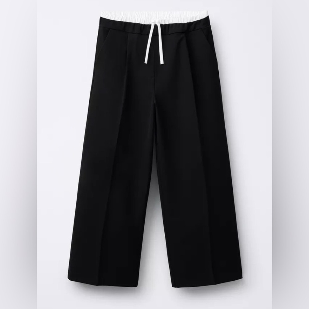 ZARA Double Waistband Black Wide leg drawstring pants sz L trousers